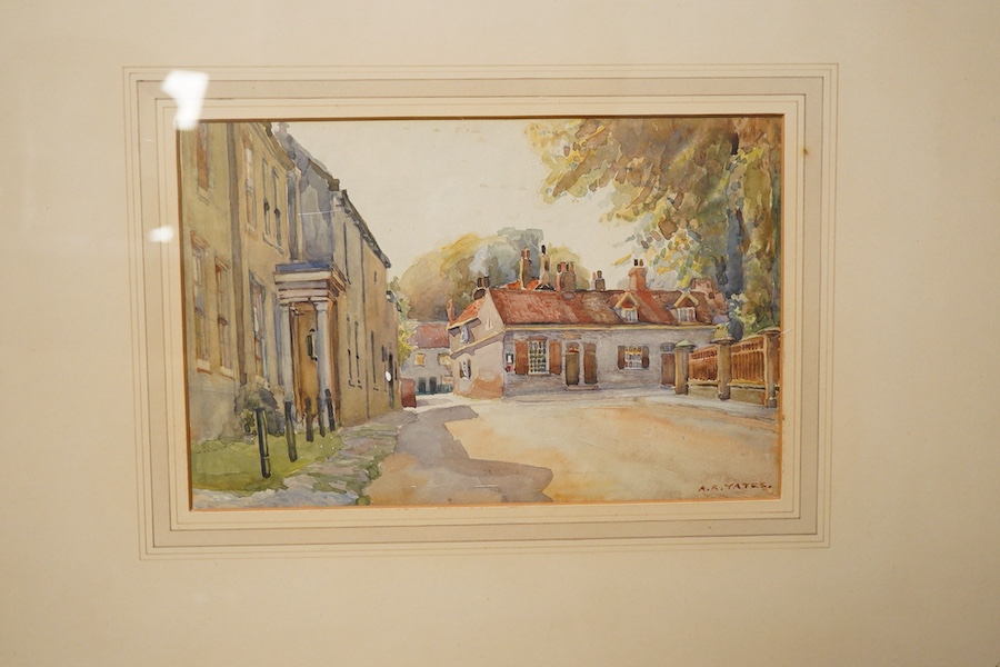 A R Yates, Street scene, watercolour, together with an early 20th century pair of watercolours to include a shipwreck scene, each signed, largest 36 x 56cm